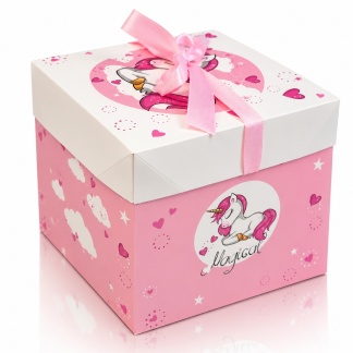 Geschenkdozen met eenhoorndesign & satijnen strik – 16 × 16 cm